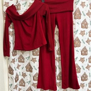 Red Off-Shoulder Top and Flared Pants Set